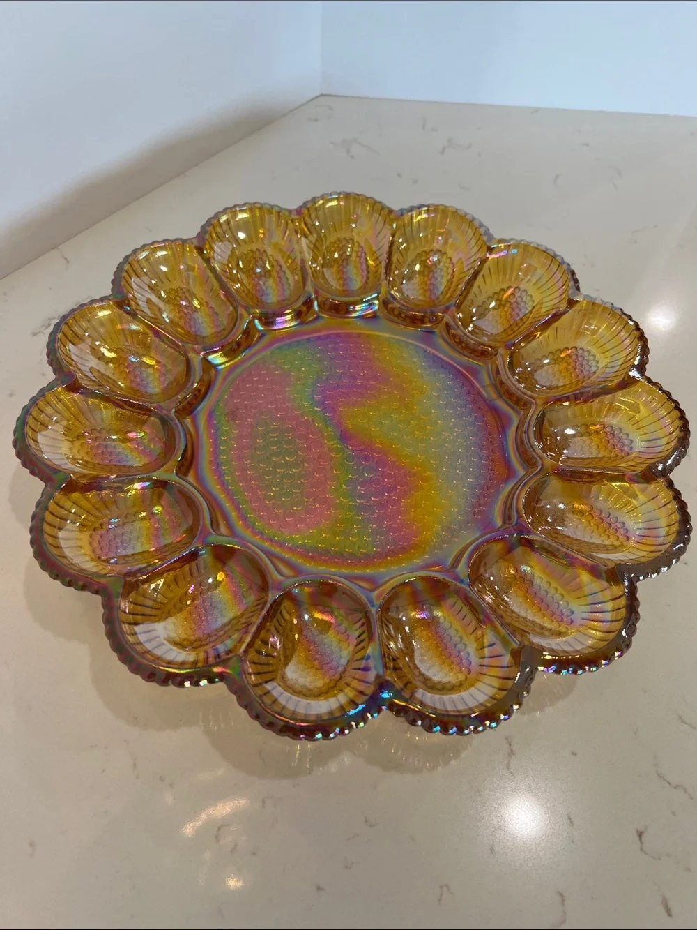 Vintage Indiana Glass Carnival Glass Deviled Egg Platter Plate Amber Hobnail 11”